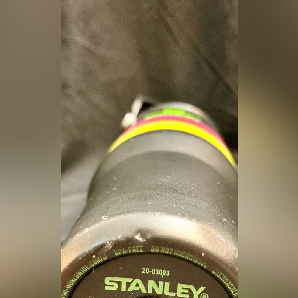 Stanley 30 Ounce Distressed Black Travel Mug with Rainbow of Neon Stripes Trendy - Picture 6 of 12